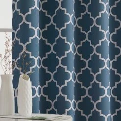 HLC.ME Lattice Print Blackout Grommet Curtain Panels - Dusty Blue - Set Of 2 Blackout Curtains