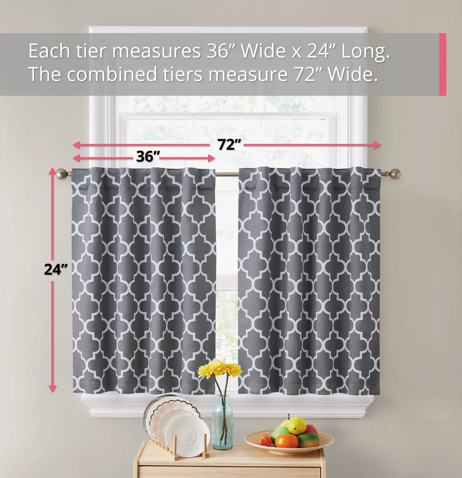 HLC.ME Faux Linen Curtains Lattice Back Tab Rod Pocket Tier Panels - Grey - Set Of 2 5 HLC.ME Faux Linen Curtains Lattice Back Tab Rod Pocket Tier Panels - Grey - Set Of 2