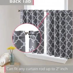 HLC.ME Faux Linen Curtains Lattice Back Tab Rod Pocket Tier Panels - Grey - Set Of 2