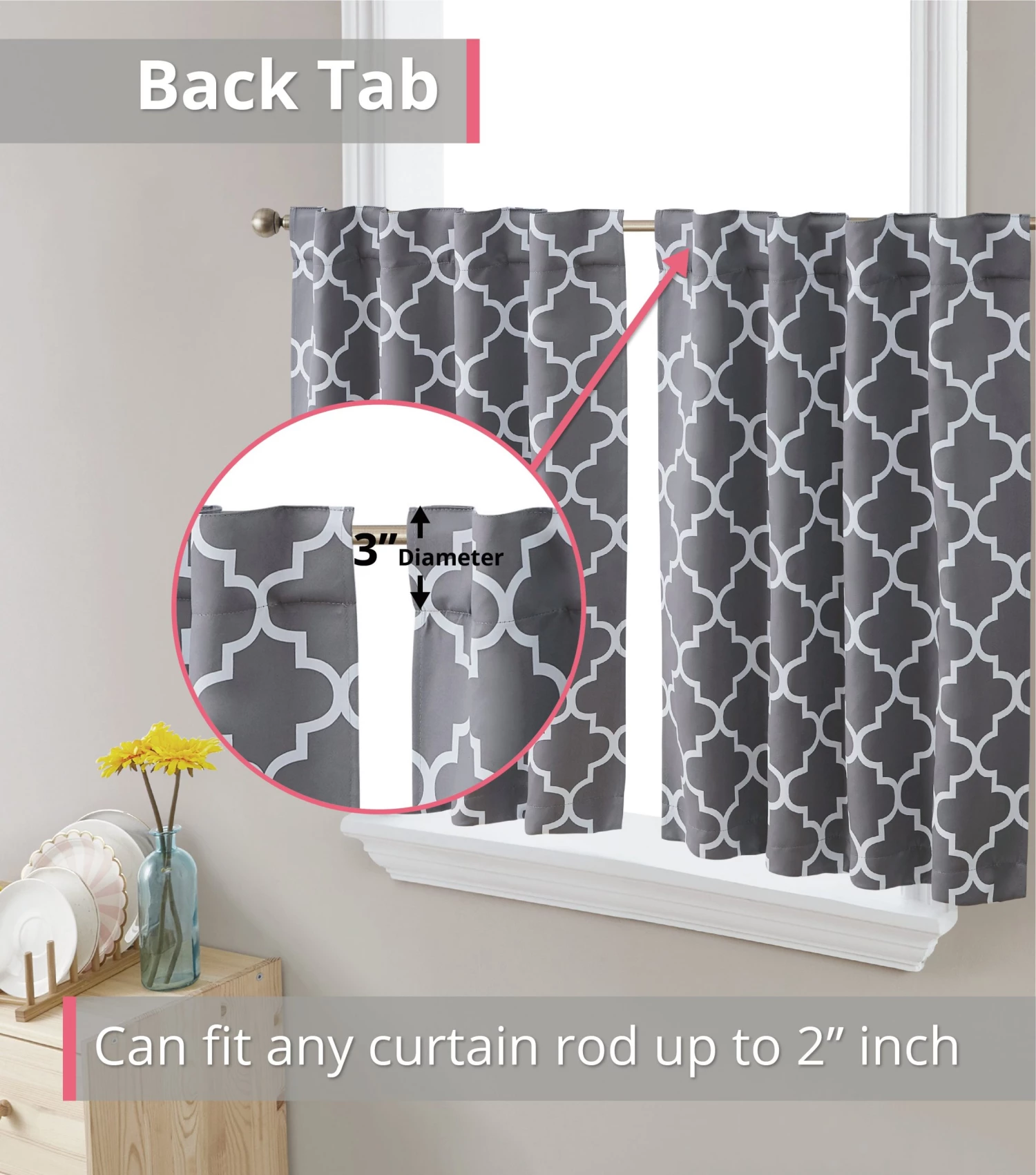 HLC.ME Faux Linen Curtains Lattice Back Tab Rod Pocket Tier Panels - Grey - Set Of 2 4 HLC.ME Faux Linen Curtains Lattice Back Tab Rod Pocket Tier Panels - Grey - Set Of 2