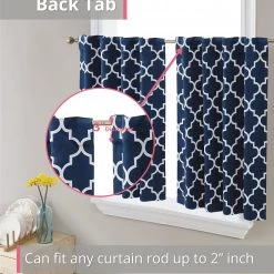 HLC.ME Lattice Back Tab Rod Pocket Tier Panels - Navy Blue - Set Of 2 Faux Linen Curtains