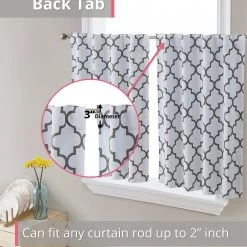 HLC.ME Faux Linen Curtains Lattice Back Tab Rod Pocket Tier Panels - Platinum White/Grey - Set Of 2