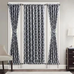 HLC.ME Lattice Print French Door Curtain Panel - Grey - Set Of 2 Faux Linen Curtains