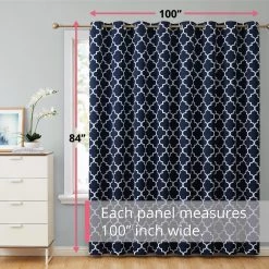 HLC.ME Faux Linen Curtains Lattice Print Blackout Grommet Patio Door Panel - Navy Blue