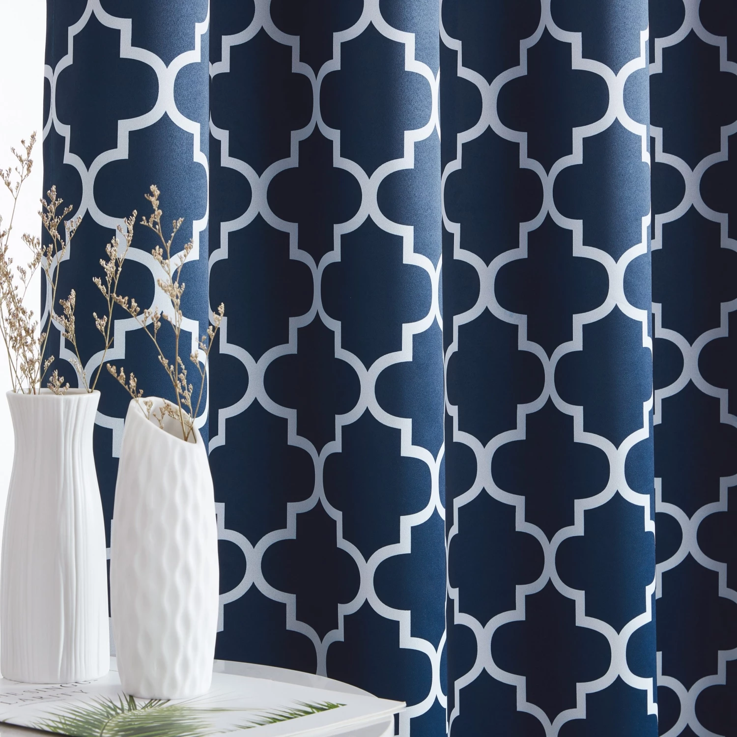 HLC.ME Lattice Print Blackout Grommet Curtain Panels - Navy Blue - Set Of 2 5 HLC.ME Lattice Print Blackout Grommet Curtain Panels - Navy Blue - Set Of 2