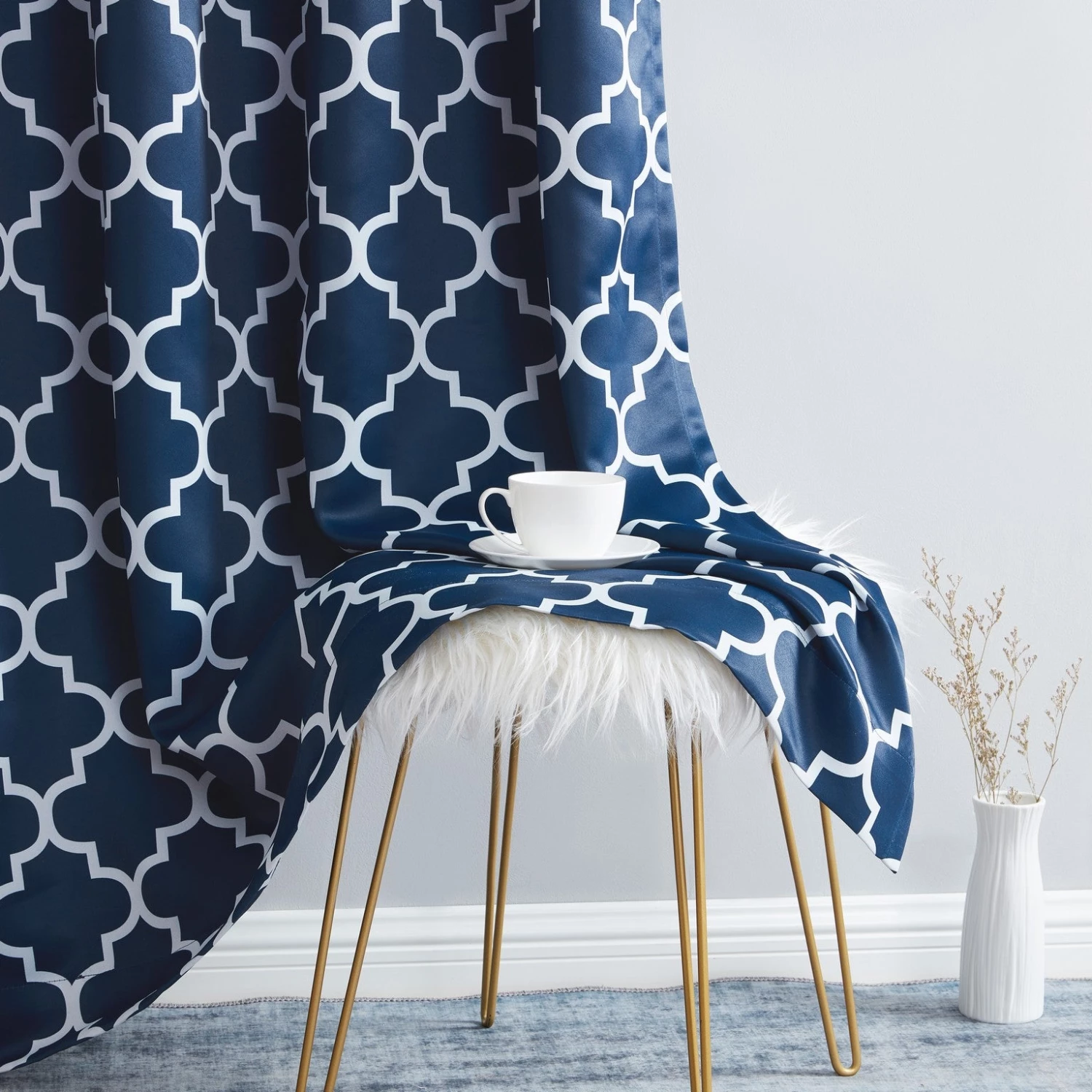 HLC.ME Lattice Print Blackout Grommet Curtain Panels - Navy Blue - Set Of 2 8 HLC.ME Lattice Print Blackout Grommet Curtain Panels - Navy Blue - Set Of 2