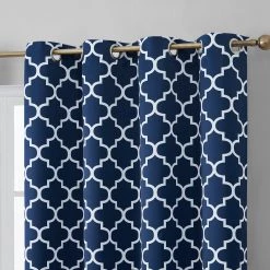 HLC.ME Faux Linen Curtains Lattice Print Blackout Grommet Patio Door Panel - Navy Blue