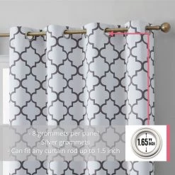 HLC.ME Lattice Print Blackout Grommet Curtain Panels - Platinum White & Grey - Set Of 2