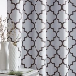HLC.ME Lattice Print Blackout Grommet Curtain Panels - Platinum White & Grey - Set Of 2