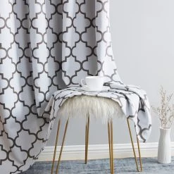 HLC.ME Lattice Print Blackout Grommet Curtain Panels - Platinum White & Grey - Set Of 2