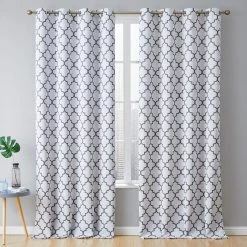HLC.ME Lattice Print Blackout Grommet Curtain Panels - Platinum White & Grey - Set Of 2