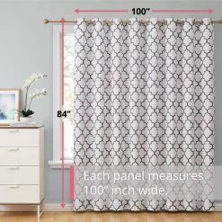 HLC.ME Faux Linen Curtains Lattice Print Blackout Grommet Patio Door Panel - Platinum White & Grey