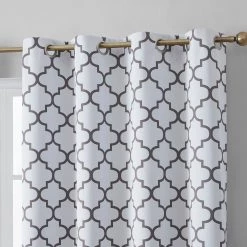 HLC.ME Faux Linen Curtains Lattice Print Blackout Grommet Patio Door Panel - Platinum White & Grey