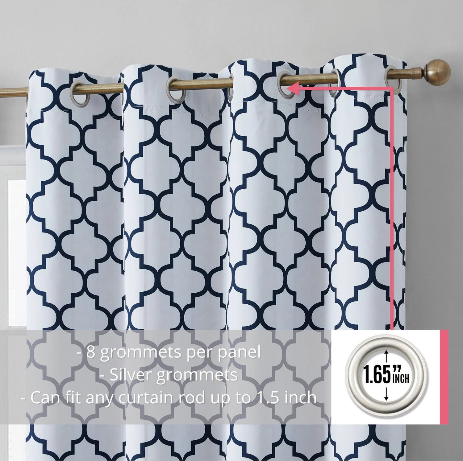 HLC.ME Lattice Print Blackout Grommet Curtain Panels - Platinum White/Navy Blue - Set Of 2 5 HLC.ME Lattice Print Blackout Grommet Curtain Panels - Platinum White/Navy Blue - Set Of 2