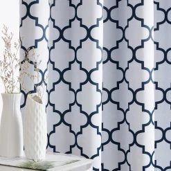HLC.ME Lattice Print Blackout Grommet Curtain Panels - Platinum White/Navy Blue - Set Of 2