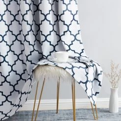 HLC.ME Lattice Print Blackout Grommet Curtain Panels - Platinum White/Navy Blue - Set Of 2 14 HLC.ME Lattice Print Blackout Grommet Curtain Panels - Platinum White/Navy Blue - Set Of 2