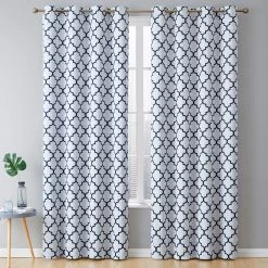 HLC.ME Lattice Print Blackout Grommet Curtain Panels - Platinum White/Navy Blue - Set Of 2