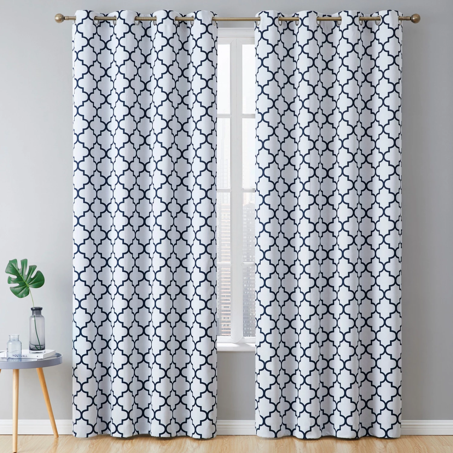 HLC.ME Lattice Print Blackout Grommet Curtain Panels - Platinum White/Navy Blue - Set Of 2 3 HLC.ME Lattice Print Blackout Grommet Curtain Panels - Platinum White/Navy Blue - Set Of 2