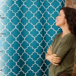 HLC.ME Lattice Print Blackout Grommet Curtain Panels - Teal Blue - Set Of 2