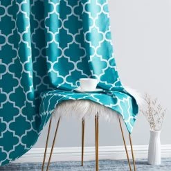 HLC.ME Lattice Print Blackout Grommet Curtain Panels - Teal Blue - Set Of 2