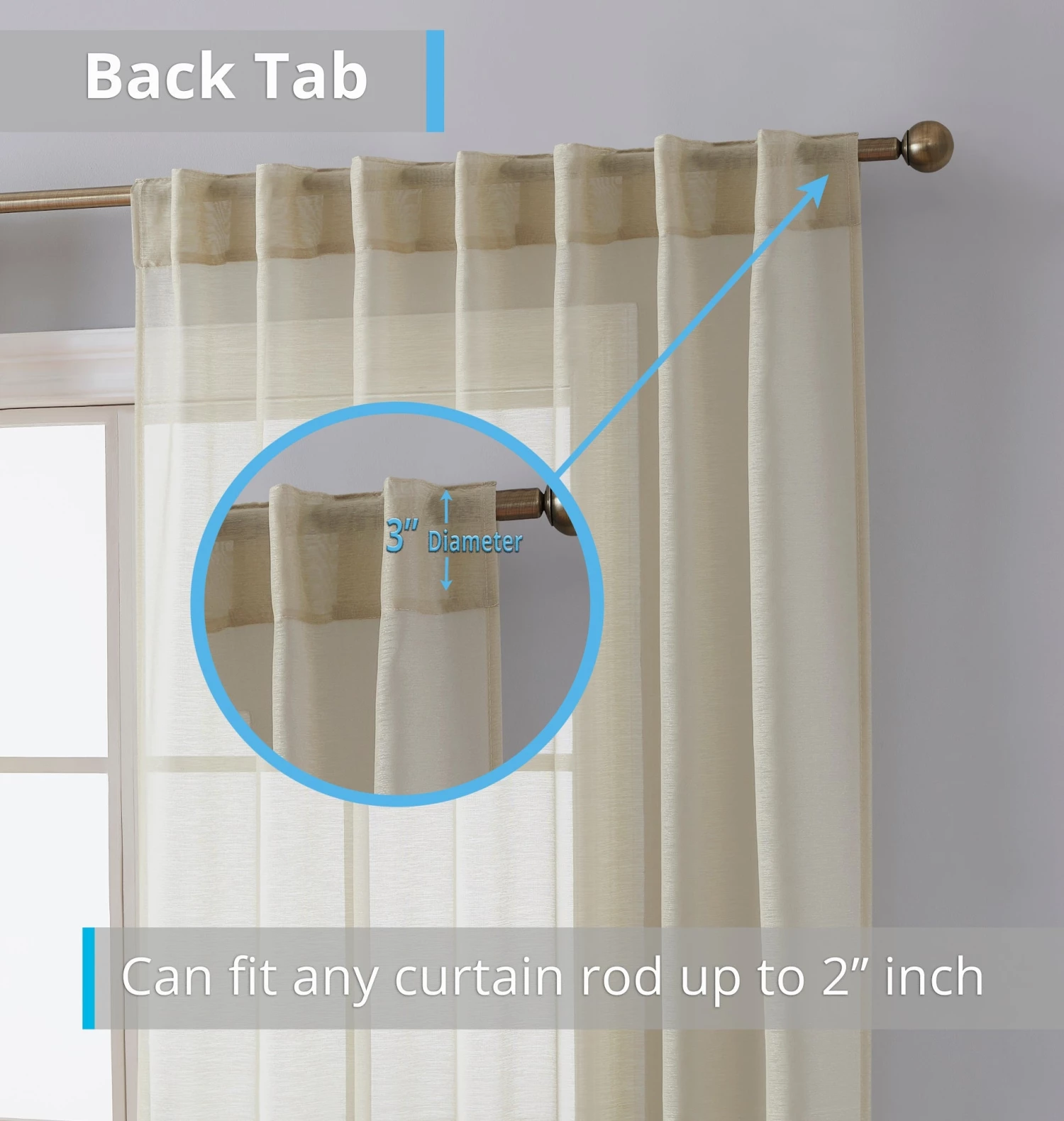 HLC.ME Lauren Semi Sheer Back Tab Rod Pocket Panels - Beige - Set Of 2 4 HLC.ME Lauren Semi Sheer Back Tab Rod Pocket Panels - Beige - Set Of 2