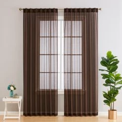 HLC.ME Sheer Curtains Lauren Semi Sheer Back Tab Rod Pocket Panels - Chocolate Brown - Set Of 2