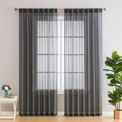 HLC.ME Lauren Semi Sheer Back Tab Rod Pocket Panels - Charcoal Grey - Set Of 2