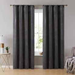 HLC.ME Lopez Velvet Back Tab Rod Pocket Curtain Panels - Charcoal Grey - Set Of 2