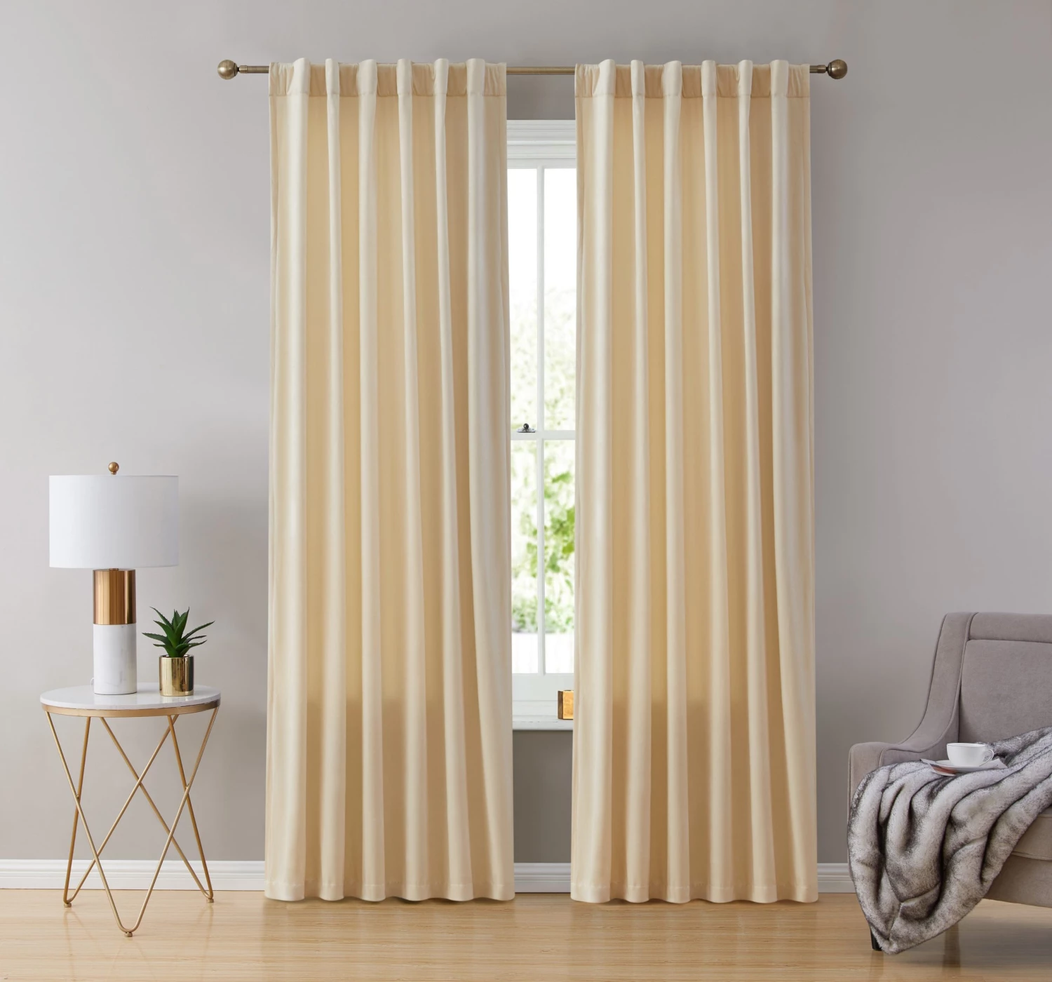 HLC.ME Faux Linen Curtains Lopez Velvet Back Tab Rod Pocket Curtain Panels - Cream - Set Of 2