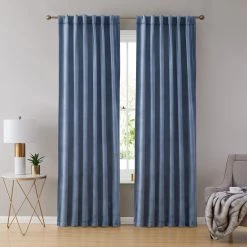 HLC.ME Faux Linen Curtains Lopez Velvet Back Tab Rod Pocket Curtain Panels - Dusty Blue - Set Of 2