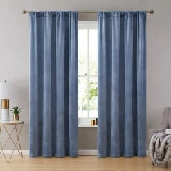 HLC.me Sales 2022 41 HLC.ME Faux Linen Curtains Lopez Velvet Back Tab Rod Pocket Curtain Panels - Dusty Blue - Set Of 2
