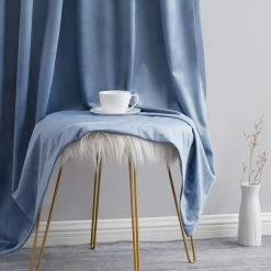 HLC.ME Faux Linen Curtains Lopez Velvet Back Tab Rod Pocket Curtain Panels - Dusty Blue - Set Of 2