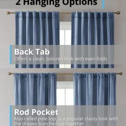 HLC.ME Faux Linen Curtains Lopez Velvet Back Tab Rod Pocket Curtain Panels - Dusty Blue - Set Of 2