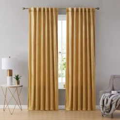HLC.ME Lopez Velvet Back Tab Rod Pocket Curtain Panels - Gold - Set Of 2 Faux Linen Curtains