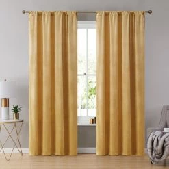 HLC.ME Lopez Velvet Back Tab Rod Pocket Curtain Panels - Gold - Set Of 2 Faux Linen Curtains