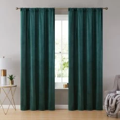 HLC.ME Lopez Velvet Back Tab Rod Pocket Curtain Panels - Green - Set Of 2