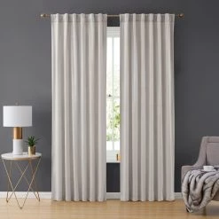 HLC.ME Faux Linen Curtains Lopez Velvet Back Tab Rod Pocket Curtain Panels - Light Grey/Silver - Set Of 2