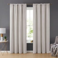 HLC.ME Faux Linen Curtains Lopez Velvet Back Tab Rod Pocket Curtain Panels - Light Grey/Silver - Set Of 2