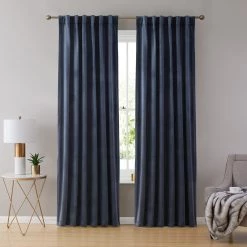 HLC.ME Lopez Velvet Back Tab Rod Pocket Curtain Panels - Navy Blue - Set Of 2