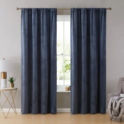 HLC.ME Lopez Velvet Back Tab Rod Pocket Curtain Panels - Navy Blue - Set Of 2