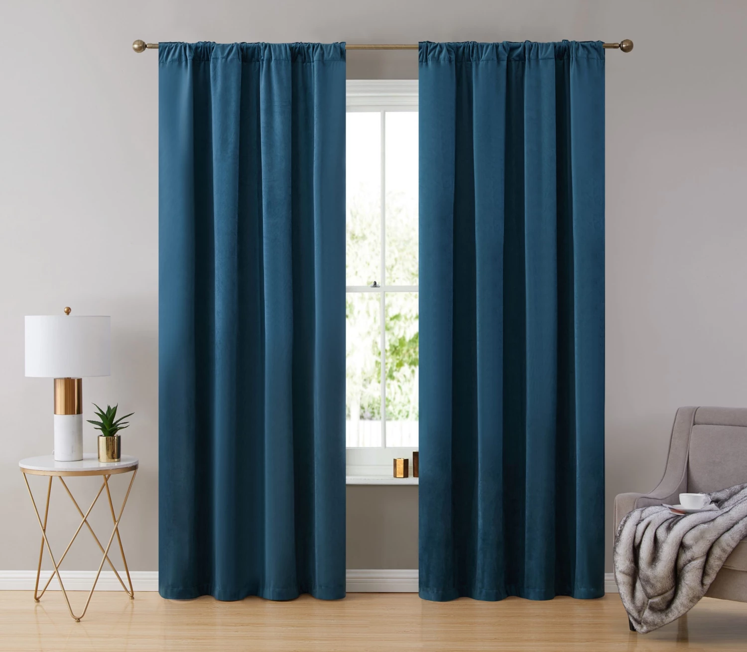 HLC.ME Lopez Velvet Back Tab Rod Pocket Curtain Panels - Teal Blue - Set Of 2 4 HLC.ME Lopez Velvet Back Tab Rod Pocket Curtain Panels - Teal Blue - Set Of 2