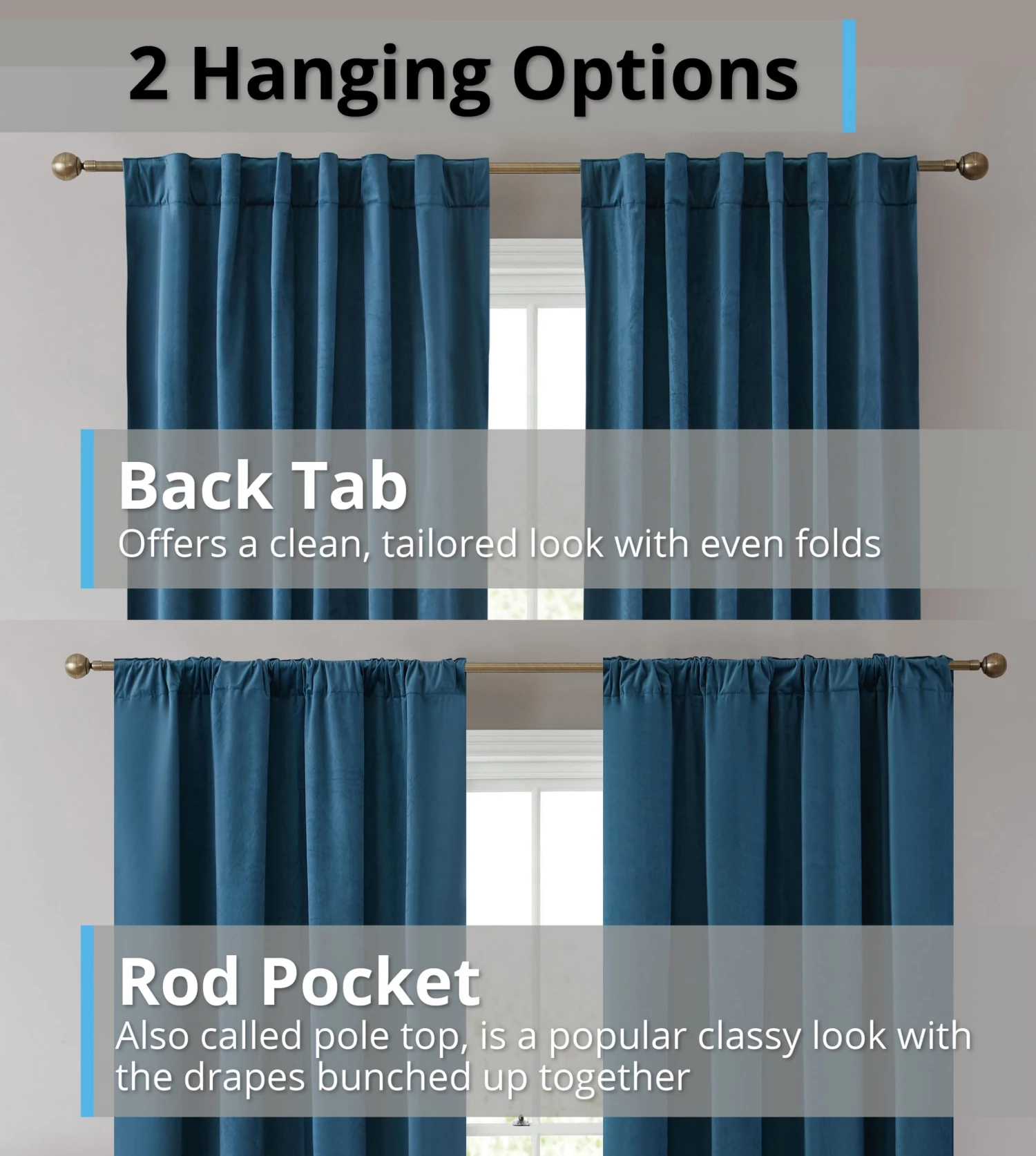HLC.ME Lopez Velvet Back Tab Rod Pocket Curtain Panels - Teal Blue - Set Of 2 5 HLC.ME Lopez Velvet Back Tab Rod Pocket Curtain Panels - Teal Blue - Set Of 2