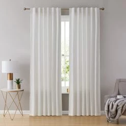 HLC.ME Faux Linen Curtains Lopez Velvet Back Tab Rod Pocket Curtain Panels - White - Set Of 2
