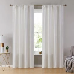 HLC.ME Faux Linen Curtains Lopez Velvet Back Tab Rod Pocket Curtain Panels - White - Set Of 2