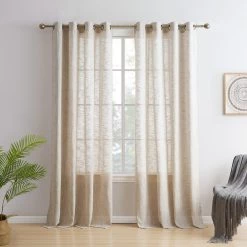 HLC.ME Madison Faux Linen Sheer Grommet Panels - Beige - Set Of 2
