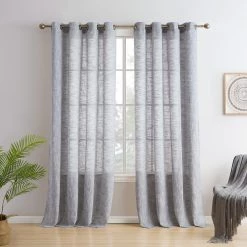 HLC.ME Madison Faux Linen Sheer Grommet Panels - Charcoal Grey - Set Of 2 Sheer Curtains