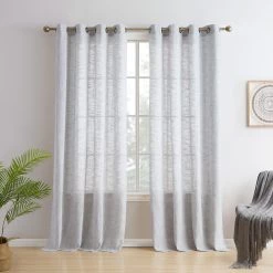 HLC.ME Sheer Curtains Madison Faux Linen Sheer Grommet Panels - Light Grey - Set Of 2