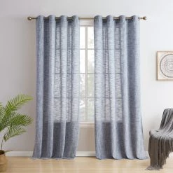 HLC.ME Madison Faux Linen Sheer Grommet Panels - Navy Blue - Set Of 2