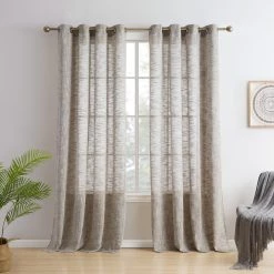 HLC.ME Madison Faux Linen Sheer Grommet Panels - Taupe - Set Of 2 Sheer Curtains