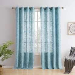 HLC.ME Sheer Curtains Madison Faux Linen Sheer Grommet Panels - Teal Blue - Set Of 2